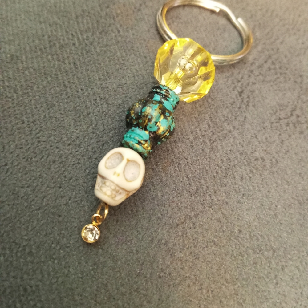 Hand Crafted Skull white jasper gemstone Keychain key ring with crystals
